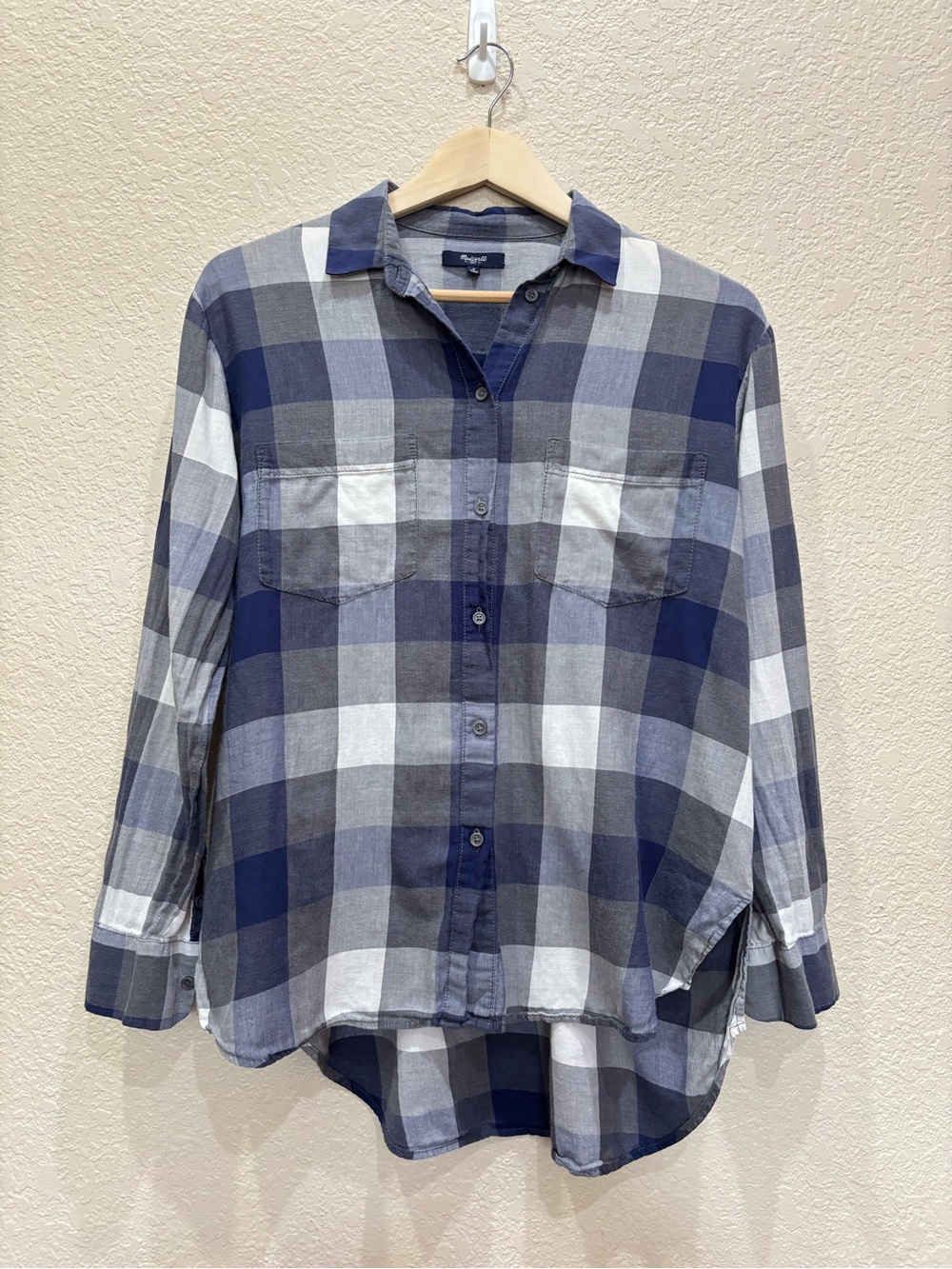 MADEWELL Gray Blue Plaid Long Sleeve Oversized Button Up Shirt 100% Cotton Small